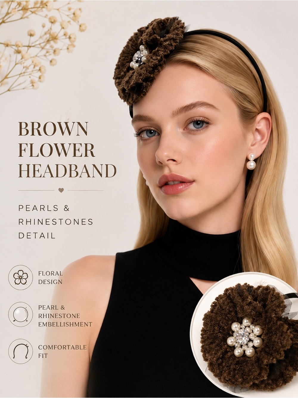 Brown Floral Pearl Rhinestone Embellished Statement Headband